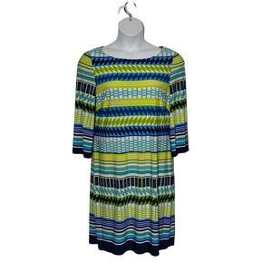 Women's size 16 green multi colored stripe knee length 3/4 sleeve dress